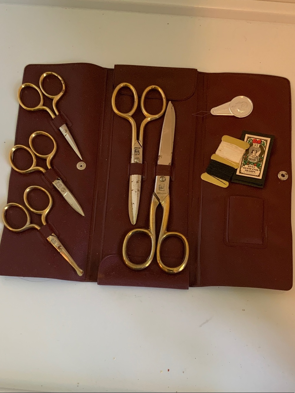 Travel Sewing Kit with Gold-Tone Scissors in Brown